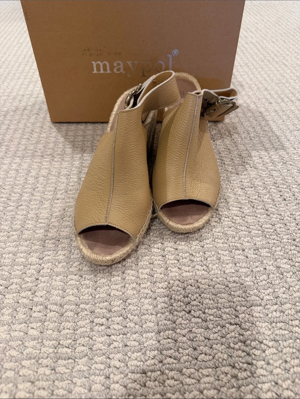 Maypol Tan Leather Peep-Toe Espadrille Wedges